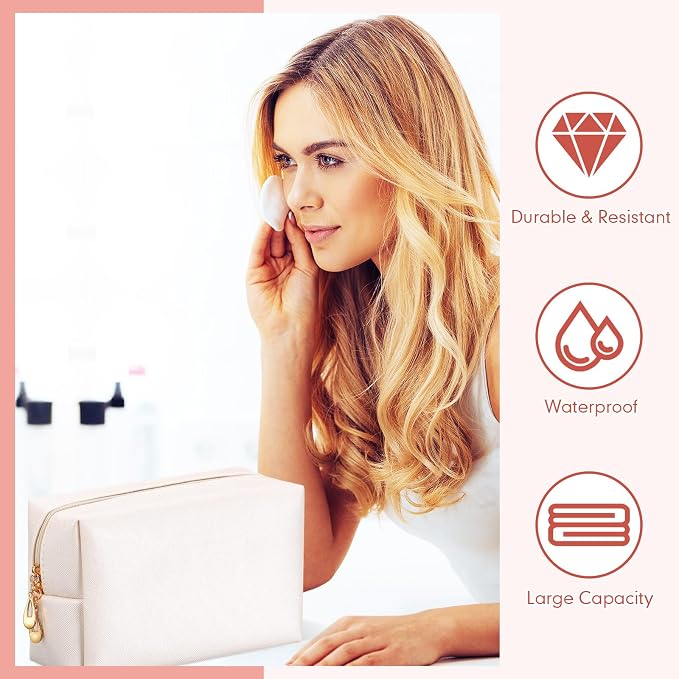 50 Pcs Makeup Bag Bulk PU Leather DIY Cosmetic Plain Preppy Makeup Pouch Portable Waterproof Toiletry Bags for Women Travel Pencil Case Cosmetic Organizer (Ivory White) - Image 3