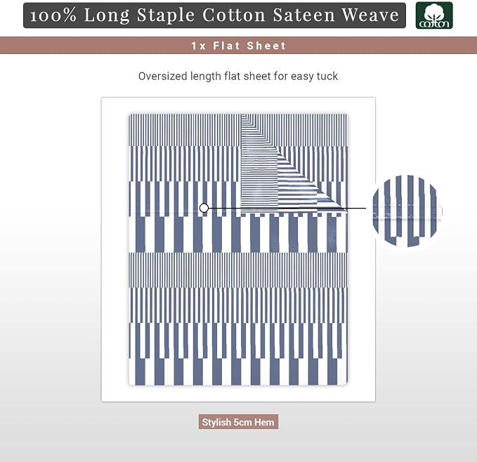Pizuna Pure 100% Cotton Flat Sheets Only Twin XL Navy Cascade Stripe (1 PC), Luxurious 400 Thread Count Long Staple Cotton Sateen with 4" Hem (Combed Twin XL Flat Sheet Only Cotton) - Image 3