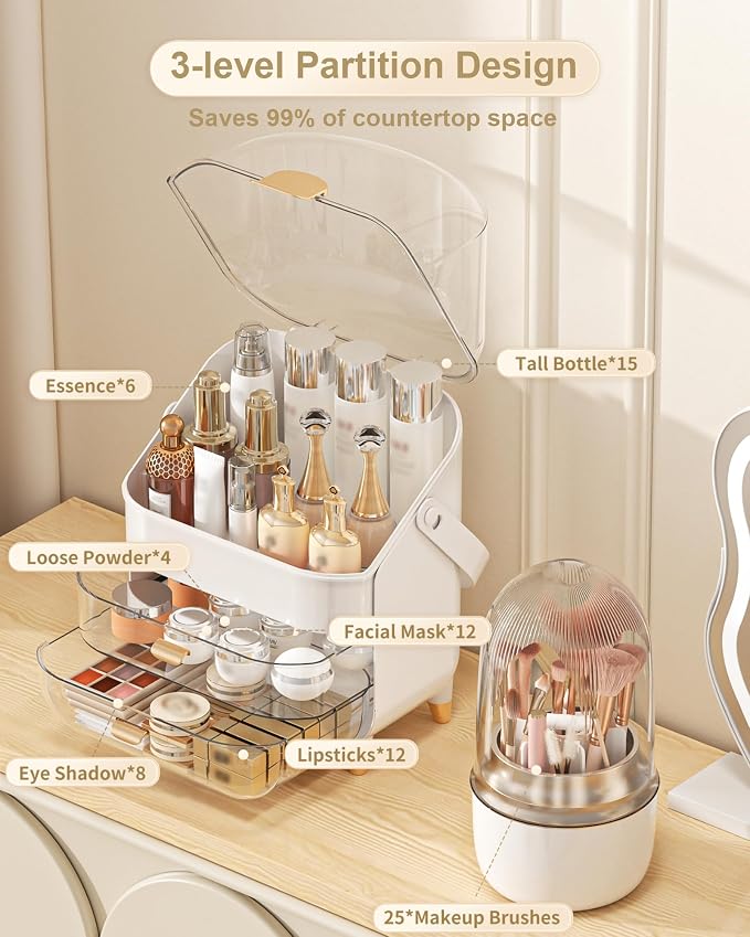 Makeup Organizer Countertop, Skincare Holder Bathroom Counter Organizer, Storage Box Cosmetic Display Cases, Teen Girl Gifts Make up Organizers (White/Brush) - Image 3