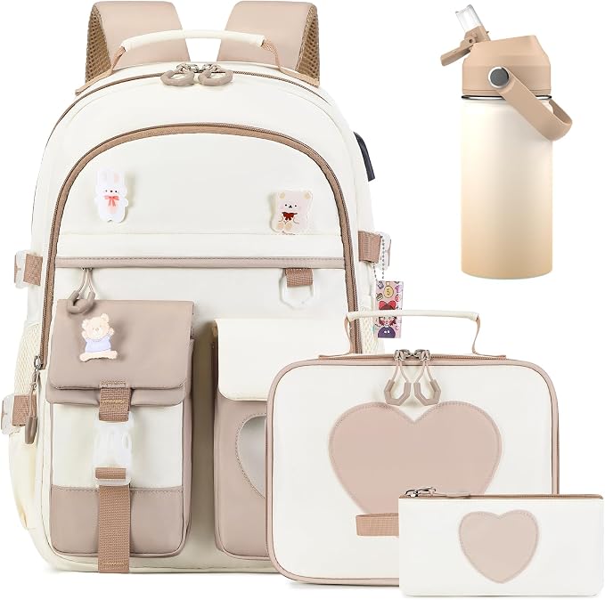 ACESAK Backpack for Girls with Insulated Water Bottle, Bookbag Backpack for Girls Kids, 14oz Kids Water Bottle Stainless Steel, Lunch Bag & Pencial Case, Back To School Gift (Khaki Beige) by ACESAK