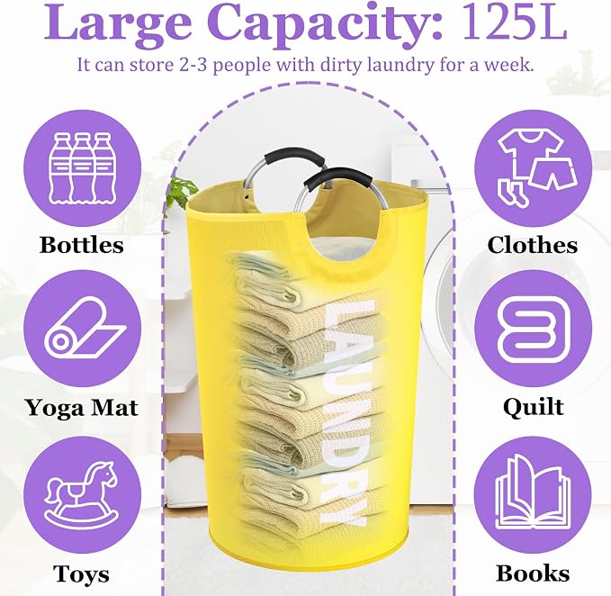 125L Large Laundry Basket with Handles, Foldable Clothes Hampers Stand Up Well, Portable Dirty Clothes Hamper, Rugged Laundry Basket for Flat, Dorm, Travel, Yellow - Image 2