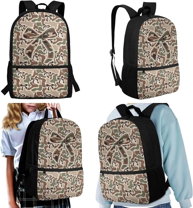 Camo Backpack Girls Camouflage Bow Backpack with Lunch Box 4 Piece School Bag Set 17'' Large Capacity Holds 15+ Books, Adjustable Padded Strap Reduce the Stress by 40% - Image 2