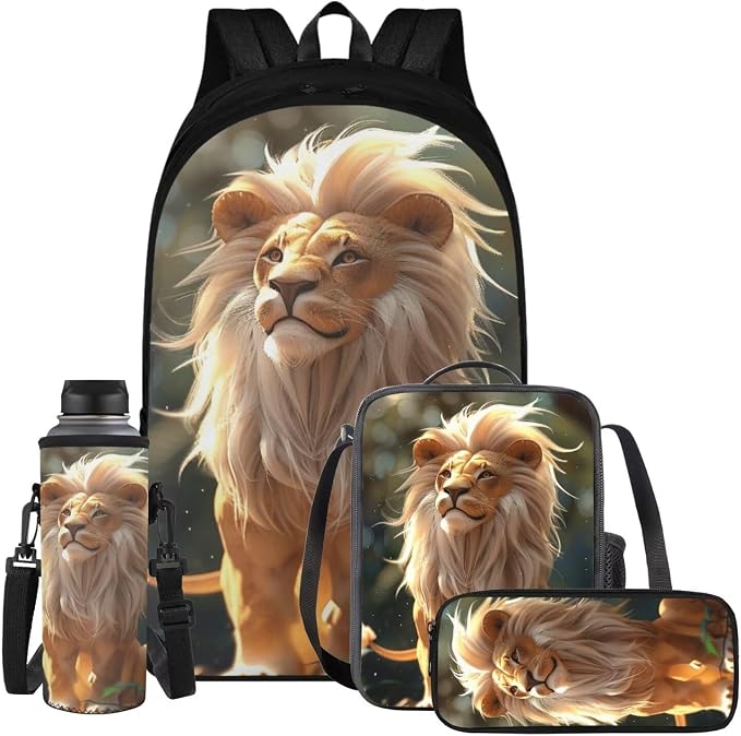 Lion Backpack for Kids Girls Backpack with Lunch Box Water Bottle Pouch and Big Pencil Pouch 4PCS Set Large Bookbag with Compartments 17" Sturdy School Bag for Boys Kids Back to School Gifts by ELEDIZI