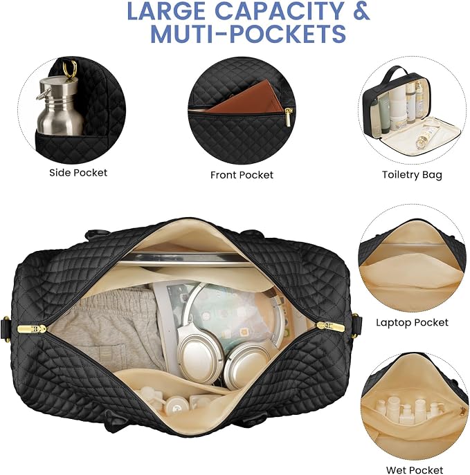 Women Weekender Travel Duffle Bag: Travel Duffel Overnight Bags with Shoe Compartment Large Carry on Tote with Toiletry Bag Weekend Traveling Yoga Gym Hospital Bag for Women with Wet Pocket Black - Image 3
