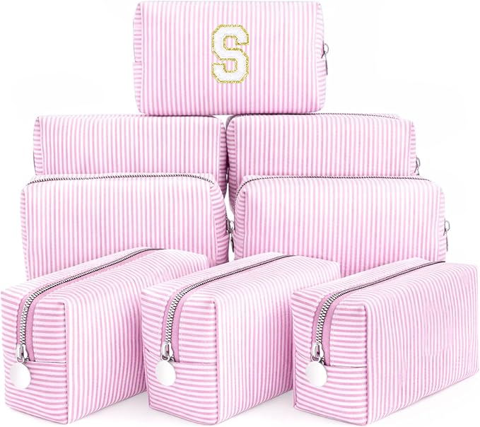 Giesiery 8 Pcs Seersucker Makeup Bags Striped Cosmetic Bags Bulk Organizer for Women Preppy Travel Toiletry Pouch for Wedding Bridesmaid Gifts (Light Pink, Medium) by Giesiery