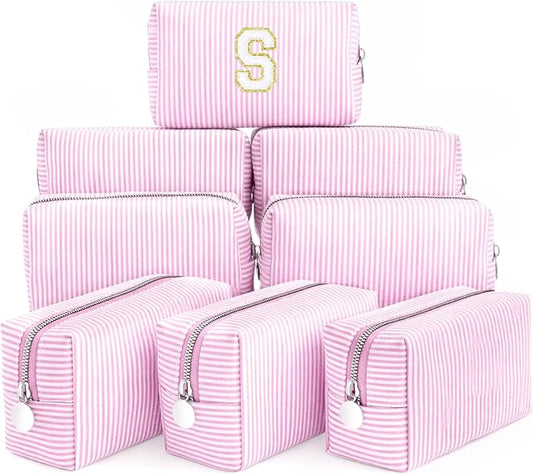 Giesiery 8 Pcs Seersucker Makeup Bags Striped Cosmetic Bags Bulk Organizer for Women Preppy Travel Toiletry Pouch for Wedding Bridesmaid Gifts (Light Pink, Medium) by Giesiery