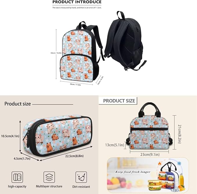 Capybara and Axolotl 3Pcs Backpack Sets, Kids Bookbags Primary School Daypack Elementary Students Knapsack with Insulated Lunch Box Pencil Case for Teens - Image 5