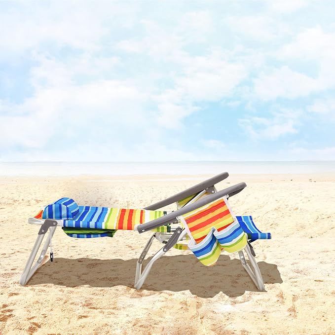 Giantex Folding Beach Chair, Patio Sling Chairs with 5 Adjustable Position, Head Pillow, Storage Bag, Towel Bar, Cup Holders, Backpack Chairs for Sunbathing, Camping Chair - Image 9