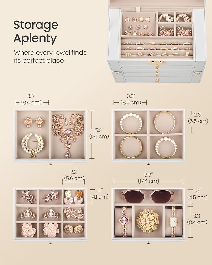 SONGMICS Jewelry Box Organizer, 5-Layer with 4 Drawers, Cream White | Jewelry Storage Case with Lock and Mirror, Large Storage Capacity, for Necklaces, Watches, Gift for Loved Ones UJBC153WD01S - Image 4