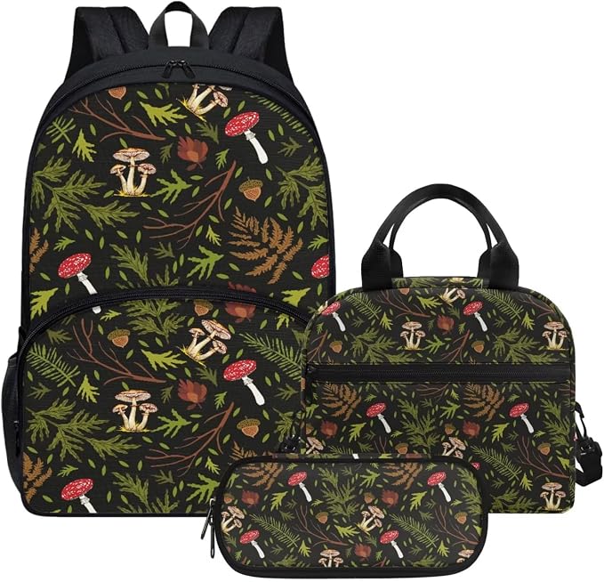 Vintage Mushroom Print Backpack Set for Girls Kids Lightweight Cute School Backpack with Lunch Box Pencil Case Adjustable Strap Padded Book Bag Insulated Lunch Bag by Parprinty