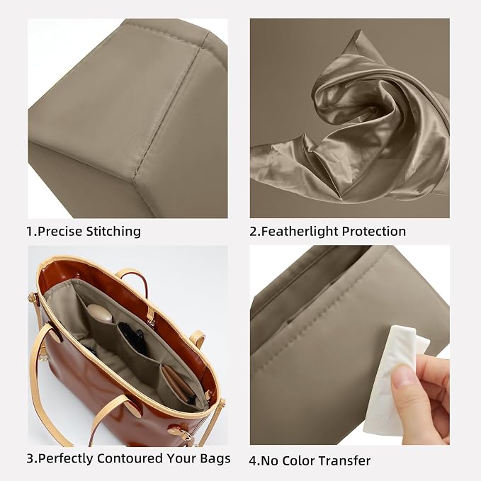 DGAZ Purse Organizer Insert Fits Neverfull-Mini/PM/MM/GM Bags，Silk Bag Organizer，Luxury Handbag & Tote Shaper（PM, Gris tourterelle） | Soft and Lightweight,Perfect Fit,Multi-pocket Storage,Bag Protector,Luxury Bag Care,Handmade,for Smooth Bag Organizer - Image 3