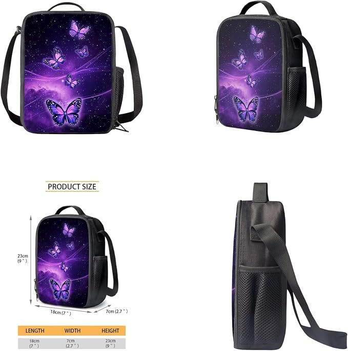 Galaxy Butterfly Backpack for Kids Girls Backpack with Lunch Box Water Bottle Carrier with Strap and Big Pencil Case 4PCS Set Bookbag with Front Pocket for School 17" Lightweight School Bag - Image 4