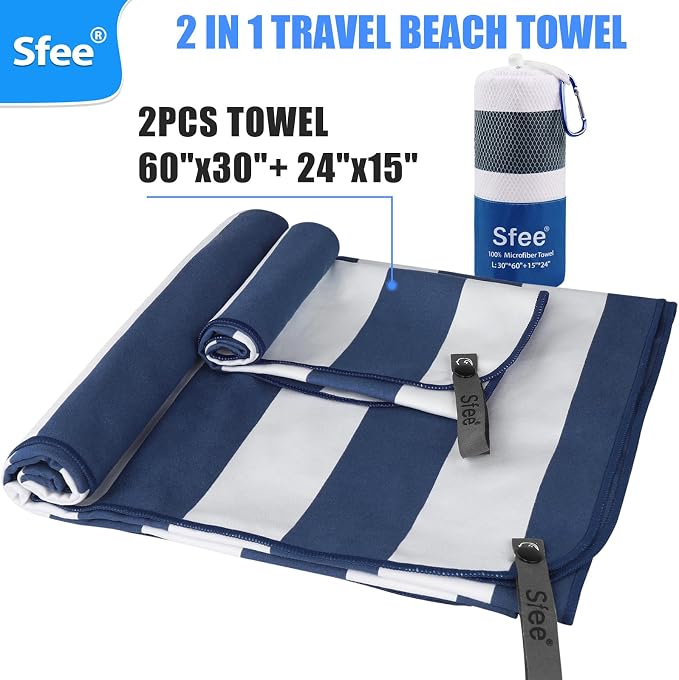Sfee 2 in 1 Microfiber Beach Towel, Quick Dry Towel Camping Towel Travel Towel Super Absorbent Compact Lightweight Sports Gym Towels Set for Beach, Gym, Hiking, Pool, Backpacking, Bath, Yoga - Image 6