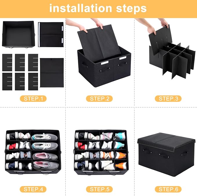 Shoe Organizer for Closet, Foldable Shoe Storage Box with Adjustable Dividers, Large Space Saving Shoe Storage Container Fits up to 16 Pairs with Reinforced Handles (Black) - Image 8