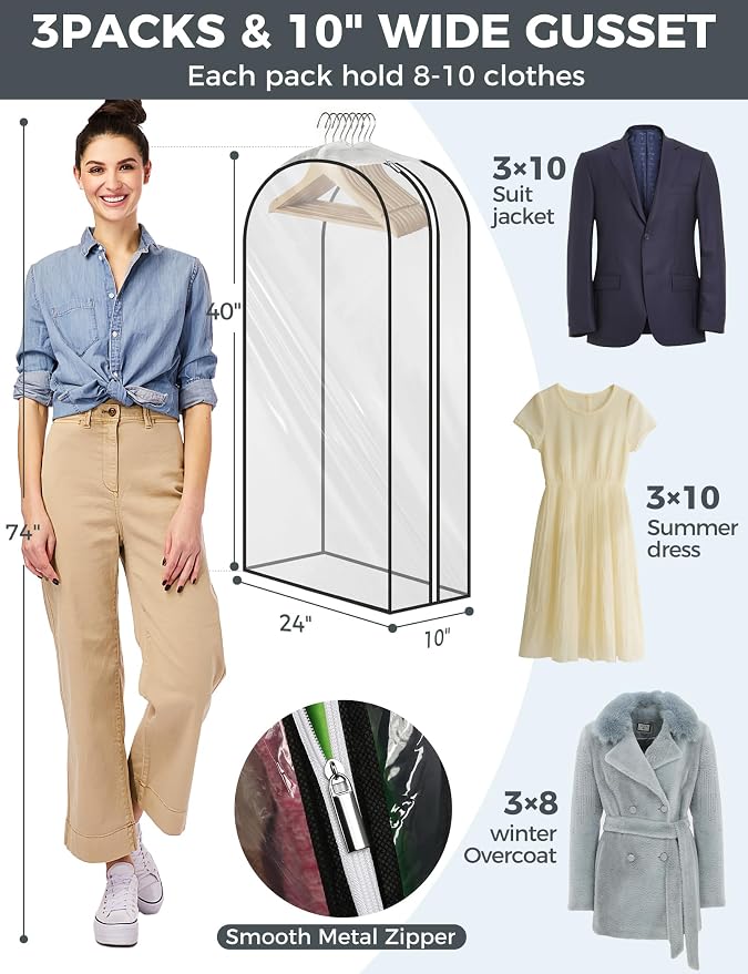 4 pcs 60" Garment Bags for Hanging Clothes, Clear Suit Bags for Closet Storage Clothing Storage, Garment Bags for Travel Covers with 10" Gussets for Coats, Jackets, Shirts and Sweater - Image 4