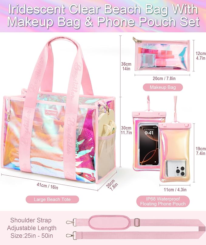 Bagstellar Iridescent Beach Bag, Jelly Tote Bag with Phone Pouch Makeup Bag | Large Beach Bags Waterproof Sandproof, Zipper Beach Tote Clear Pool Swim Boat Bag for Women Summer Travel Cruise Essentials - Image 4