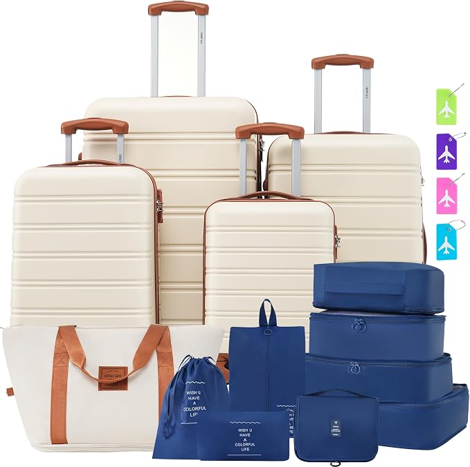 Merax Luggage sets of 13 Piece 16 20 20 28 IN Carry on Luggage Hard Case White and Bwown Luggage Expandable Checked Luggage Suitcase Set with Wheels by Merax