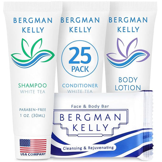 BERGMAN KELLY Hotel Toiletries Bundle (White Tea, 1 oz each, 100 Pieces) 4-Piece Set: 25 Rectangular Bar Soap, 25 Shampoo, 25 Conditioner & 25 Body Lotion - Bulk Mini Guest Amenities