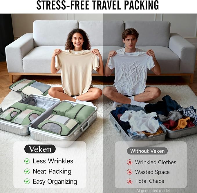 Veken 10 Set Packing Cubes for Travel Essentials,Anti-Wrinkle Buckled Suitcase Organizer for Shoe & Toiletry Bag,Carry On Luggage Bag with 99+ Count Mesh Holes for Airplane & College Dorm Accessories - Image 7