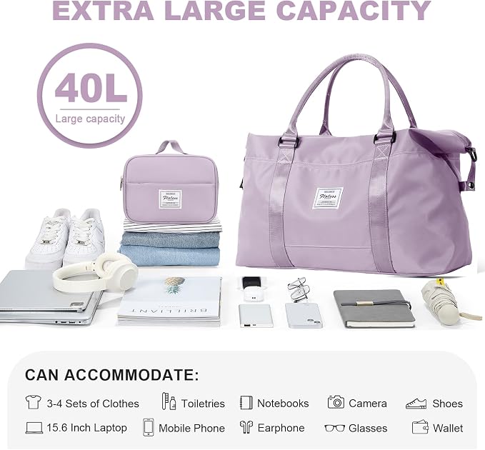 HYC00 Travel Duffel Bag with Toiletry Bag,Weekender Overnight Bag for Women,Carry-on Bag with Wet Pocket,Gym Bag,Extra Large,Light Purple - Image 3