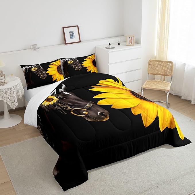 Erosebridal Horse Comforter Set King,Sunflower Horse Bedding Set for Boys Girls Teens Adults,Western Cowboy Farmhouse Down Comforter Farm Animal Quilt Duvet Sets Bedroom Decor 2 Pillow Cases Black - Image 4