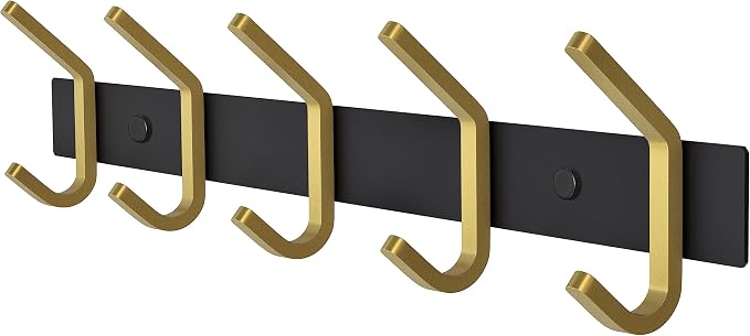 Coat Rack Wall Mount – Black and Gold Hook Rail with 5 Double Coat Hooks, 15 Inch Stainless Steel Wall Hooks for Entryway, Bathroom, Bedroom, Closet, Towel, Hat, Bag, Heavy Duty Organizer by SAYONEYES
