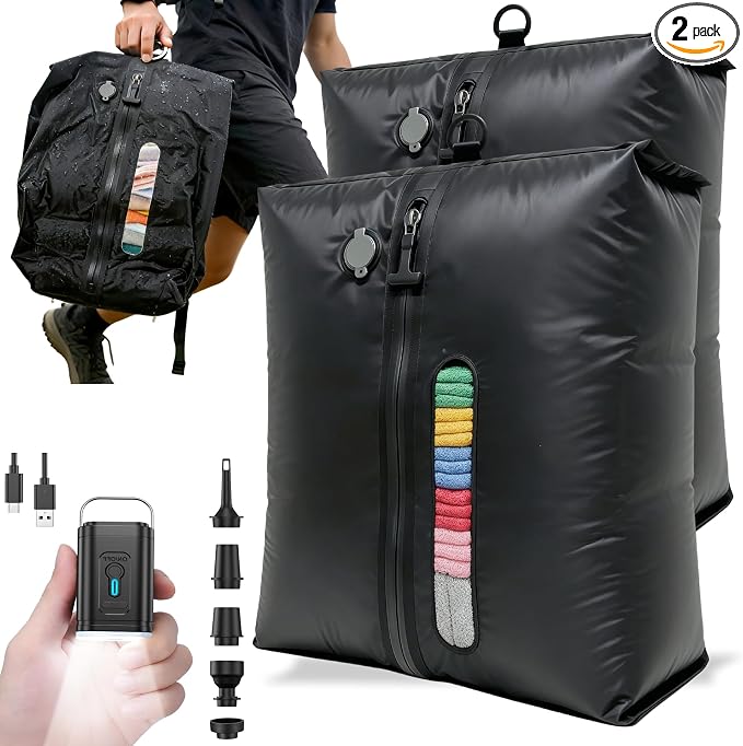 Travel Compression Bags with Pump, 2-Pack 30L Reusable Seal Vacuum Bags for Suitcases, IP67 Waterproof Durable Space Saver Packing Cubes for Clothes, Carry-On Travel Backpack & Home Storage by Unknown