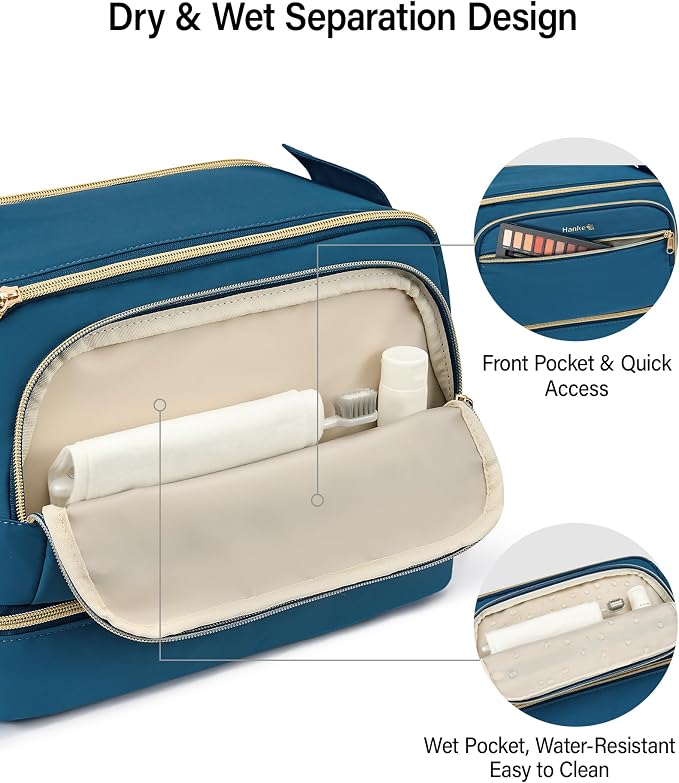 Hanke Travel Toiletry Bag, Lightweight Wide-open Makeup Bag, Dual-Layer Travel Bag for Toiletries Water-Resistant Cosmetic Bags Large Toiletry Bags for Women & Men, Travel Essentials, Navy Blue - Image 4