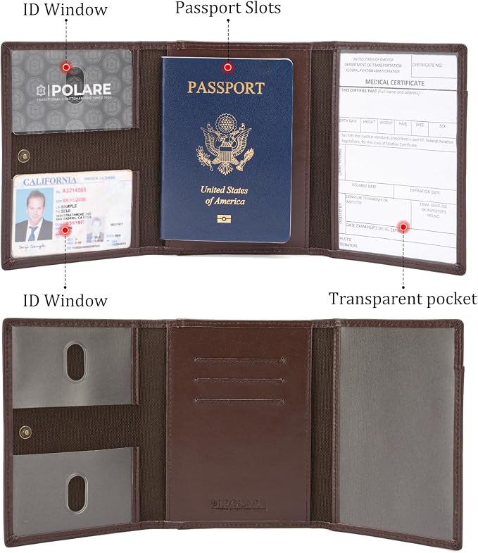 Polare Napa Leather Pilot Wallet Passport Holder RFID Blocking Tri-fold Travel Cover Document Organizer for Aviation Professionals (Coffee with AirTag Slot) - Image 6