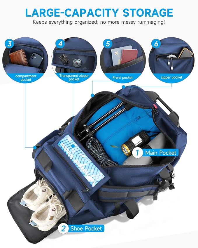 Foldable 90L Rolling Duffle Bag with Wheels | Large Travel Duffle Bag with Shoes Compartment Waterproof Bag for Gym, Weekend & Overnight Trips | Includes 3 Packing Cubes - Image 6