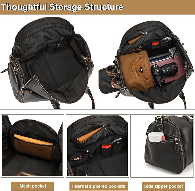 Full Grain Genuine Leather 2-in-1 Garment Dufflel Bag for Men Foldable Suit Carrier with Independent Shoe Compartment, Large Capacity Weekender Overnight Travel Bag for Business Trips, Coffee - Image 9