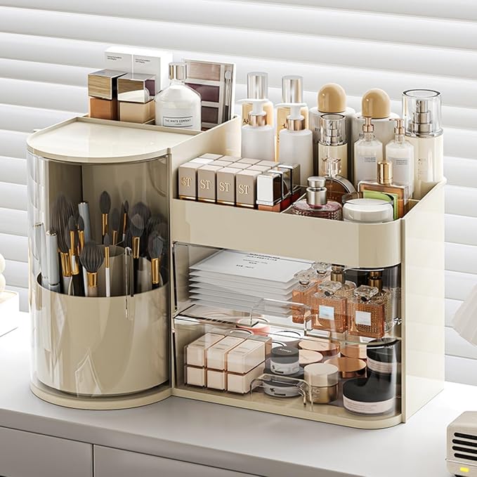 Makeup Organizer with Rotating Brush Holder Cosmetic Organizer with Drawers Countertop Skincare Organizer for Vanity,Cosmetic Display Case Storage (Cream, Large) by Booklov