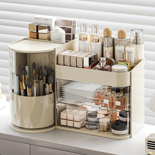 Makeup Organizer with Rotating Brush Holder Cosmetic Organizer with Drawers Countertop Skincare Organizer for Vanity,Cosmetic Display Case Storage (Cream, Large) by Booklov