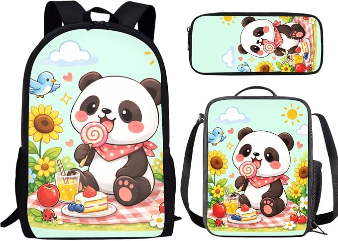 Forchrinse Cartoon Panda Backpack with Lunch Box Cute Backpacks Back to School for Girls 8 to 12 Kids Lunchbox Pencil Case 17 Inch School Bag and Lunch Bag for Girls Primary Middle School by Forchrinse