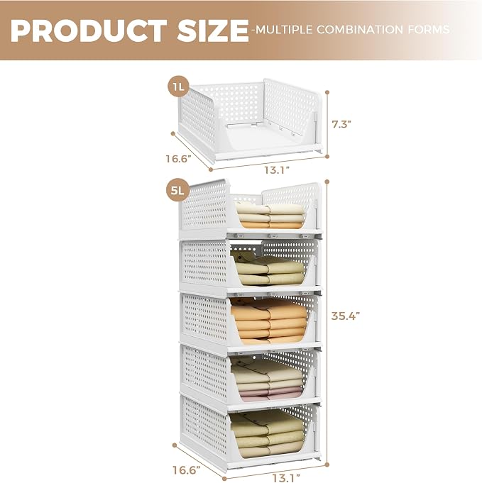Pinkpum 5 Pack Stackable Plastic Storage Closet Organizers and Storage Bins Drawer Shelf Storage Container for Wardrobe Cupboard Kitchen Bathroom Office White - Image 2