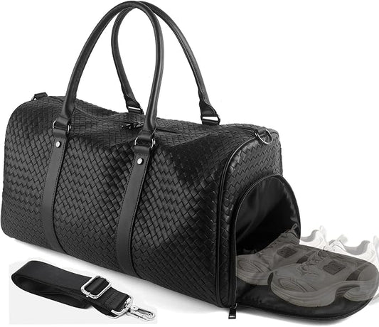Weekender Bag for Women Men Water-resistant Gym Tote, Leather Woven Travel Duffel Bags with Shoe Compartment by CaptainVikings