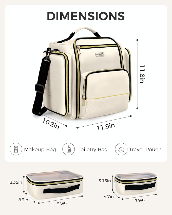 BAFAMYE Large Travel Makeup Bag - Cosmetic Organizer with 4 Removable Inner Pockets, Multi-functional Toiletry Bag for Accessories & Brushes, Women's Beauty Case, Beige - Image 2