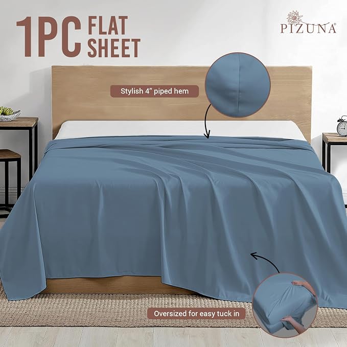 Pizuna Pure 100% Cotton Flat Sheets Only King Dusty Blue (1 PC), Luxurious 400 Thread Count Long Staple Cotton Sateen with 4" Hem (Combed King Flat Sheet Only Cotton) - Image 3