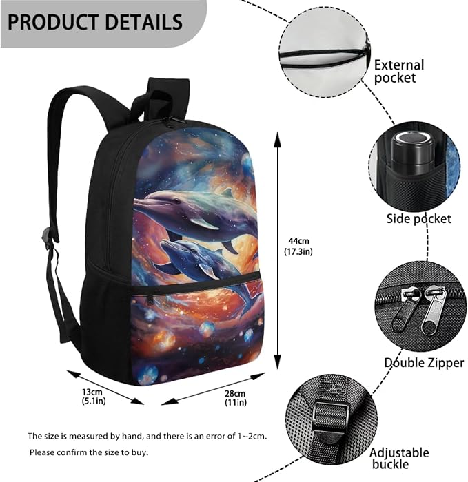 Galaxy Dolphin Print Backpack Set Schoolbag for Student Large Capacity Bookbag Lunch Box Pencil Case 17 Inch Travel Laptop Backpacks Fashion Rucksack Daypack with Side Pockets - Image 2