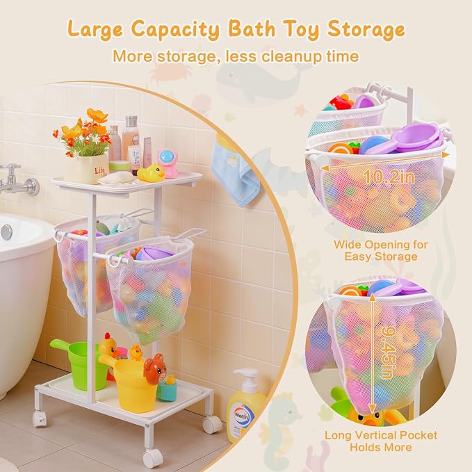 Bath Toy Storage Holder, Quick Drying Bathtub Toy Organizer with 2 Hanging Mesh Net and Shower Caddy, Large Bath Tub Toy Bin Easy Access, Freestanding Bathroom Toys Basket Cart for Toddler - Image 6
