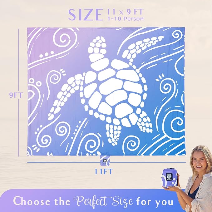 WEKAPO Beach Blanket Waterproof Sandproof Oversized Extra Large Sand Free Beach Mat with Stakes, Storage Bag - Essentials for Outdoor Beach, Picnic (Blue Purple Sea Turtle, 11 X 9 FT (1~10 Person)) - Image 3