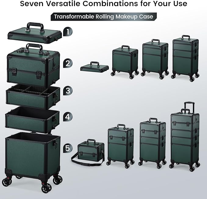 Rolling Makeup Case Makeup Train Case with Lid 5 in 1 Cosmetology Case on Wheels Cosmetic Trolley Organizer Large Makeup Organizers Case Profesional Cosmetic Case for Salon Barber Nail, Dark Green - Image 2