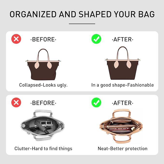 Purse Organizer Insert Compatible with LV Neverfull BB, Premium DopontPaper Bag Organizer Lightweight Water Resistant Purse Insert Divider Shaper for Tote Handbags, White-brown/XS - Image 4