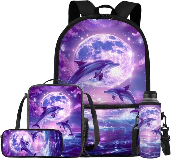 Purple Dolphin Girls School Backpacks with Lunch Box and Pencil Preschool Kindergarten Elementary School Bookbag Case Lightweight Casual Daypack for Beach Travel Camping by Bivxisrvo