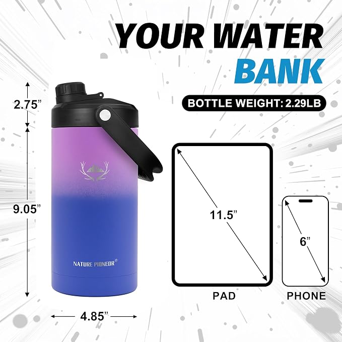 NATURE PIONEOR 64 oz Insulated Water Bottle Jug with Carrier Bag | 18/8 Food-grade Stainless Steel, Double Vacuum Insulation, Wide-Mouth, Straw & Spout Lid, Strap, Camping, Hiking, Gym, Work - Image 2