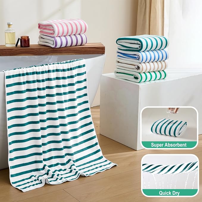 JML Microfiber Beach Towels, 6 Pack, 27" x 55", Large Bath Towel Set for Adult- Cabana Stripe - Absorbent, Quick Drying Lint-Free, No Fading for Summer Party, Pool, Sport, Yoga, Swimming, Dark Green - Image 4