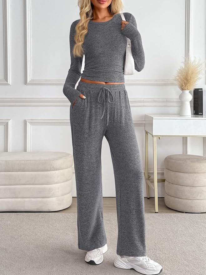 LILLUSORY Womens 2 Piece Matching Lounge Sets 2026 Fall Fashion Outfits | Long Sleeve Top & Drawstring Wide Leg Pants with Pockets, Workout Gym Comfort Sweat Suit, Travel Airport Vacation Clothing - Image 2
