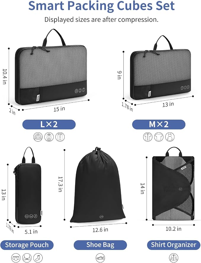 WANDF 7 Set Compression Packing Cubes for Travel, Shirt Folder for Wrinkle-Free, Suitcase Organizer Bags Set for Carry-On Checked Luggage Duffle Bag Women Men(Black) - Image 3