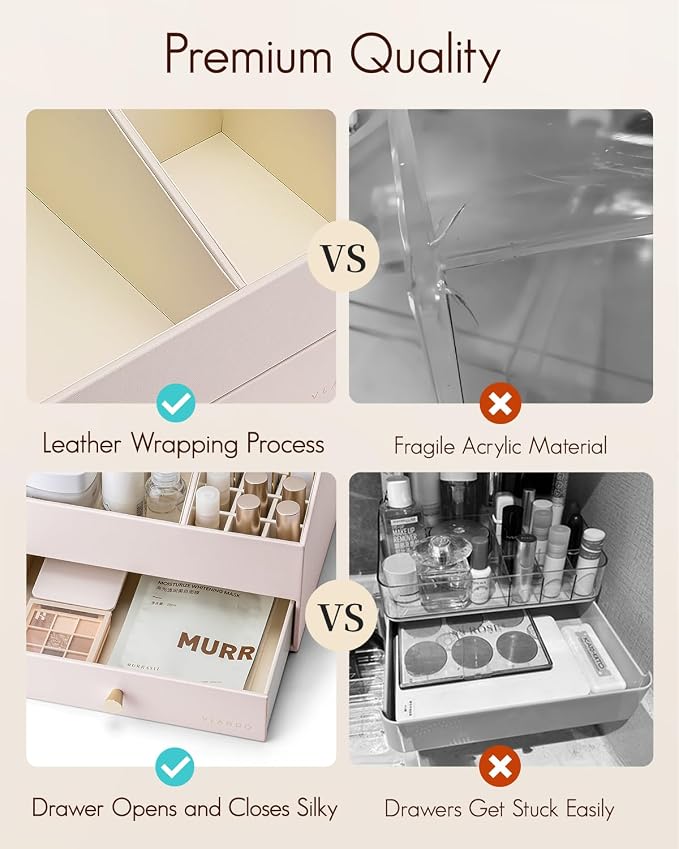 VLANDO Makeup Organizer,Vanity Organizer with Drawers, PU Leather Skincare Organizer Perfume Organizer,Large Cosmetic Display Case for Lipstick,Brushes Gifts for Women-Apricot White - Image 6