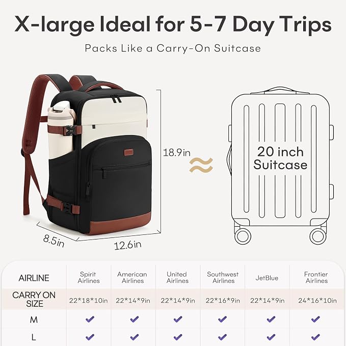 mibasies 40L Travel Backpack for Women & Men: Flight Approved Carry On Backpack, TSA Personal Item Bag with Water Bottle Pocket, Weekender Essentials Backpacks fits 17" Laptop - Black White Brown - Image 6